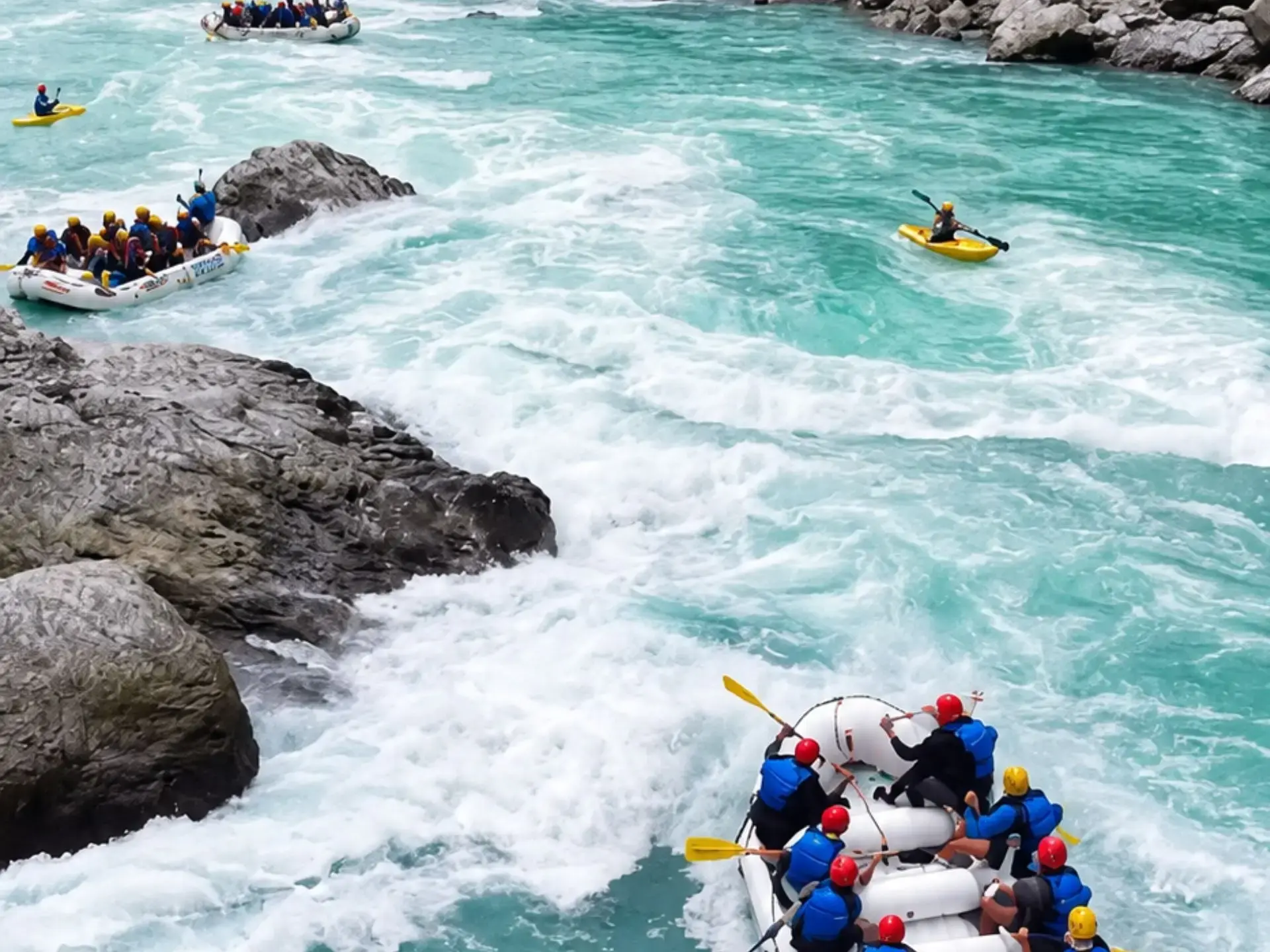 White rafts and kayaks navigating turquoise Himalayan whitewater