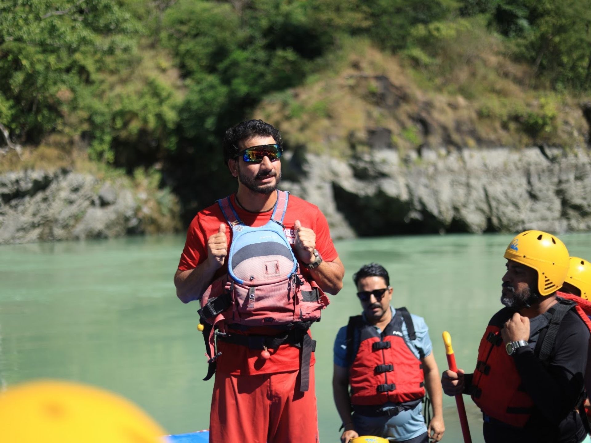 Globesome guides talking with guests before a weekend rafting departure in Rishikesh