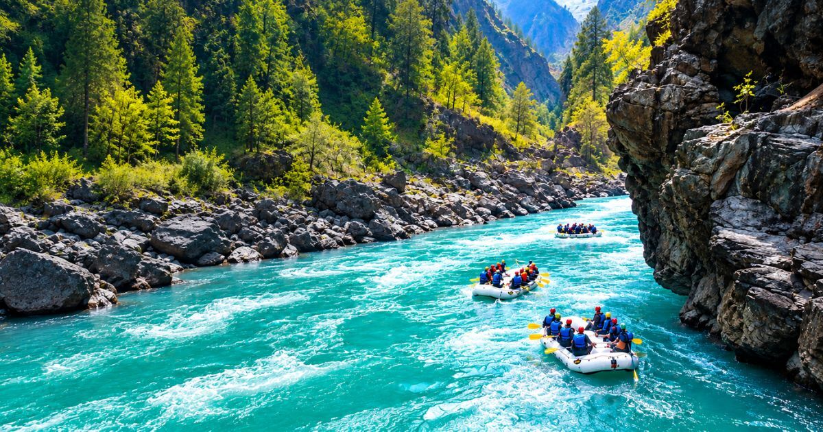 Three rafts travelling along a turquoise river through a forested mountain canyon